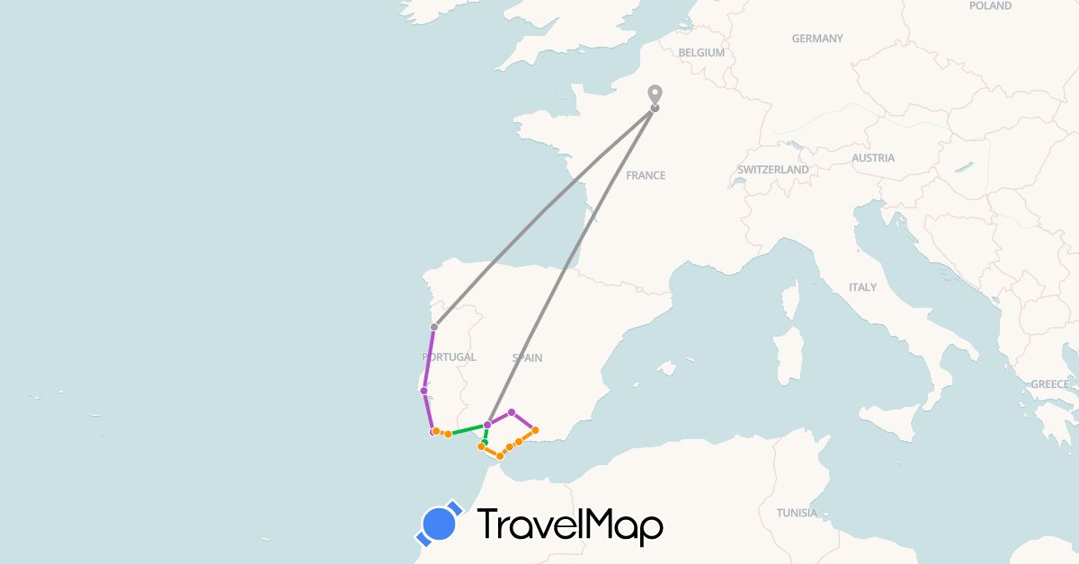 TravelMap itinerary: driving, bus, plane, train, hitchhiking in Spain, France, Gibraltar, Portugal (Europe)